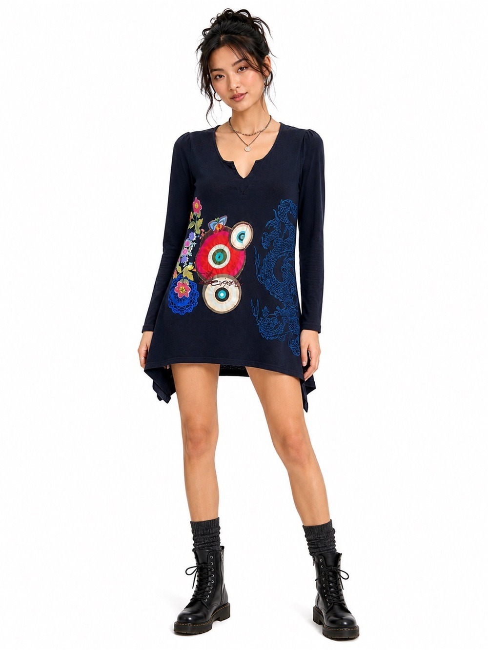DESIGUAL Tunic / Mini Dress Navy Dragon Floral Asymmetrical Embroidered Boho XS